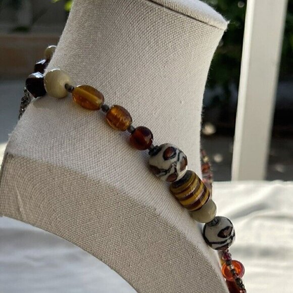 Vintage Amber & Glass Faceted Bead and Porcelain Flower Boho Necklace 21 inches - Picture 6 of 15